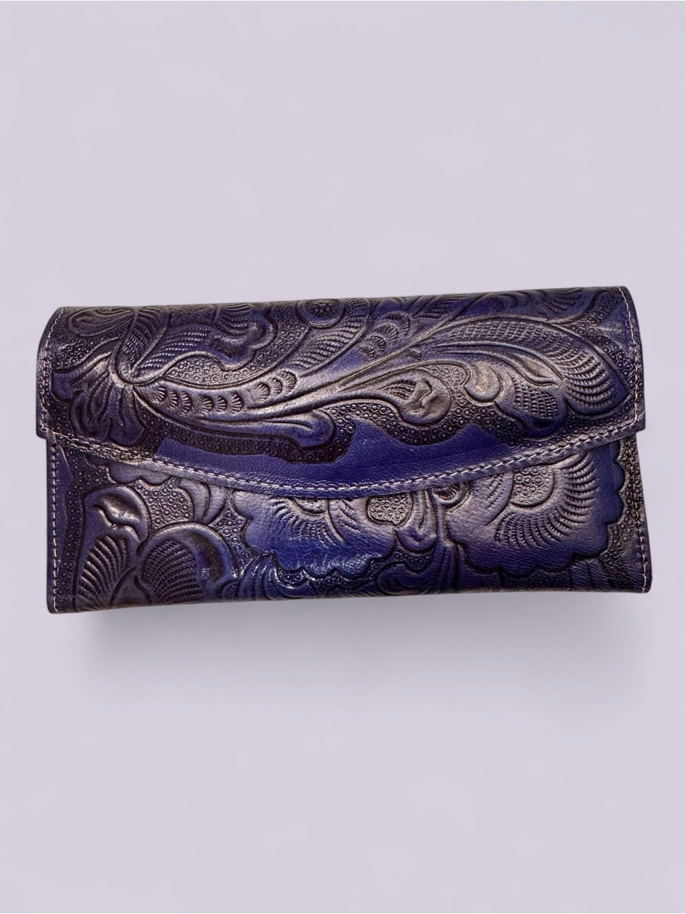 Faux Leather Embossed Floral Clutch Wallet - Cobalt Blue